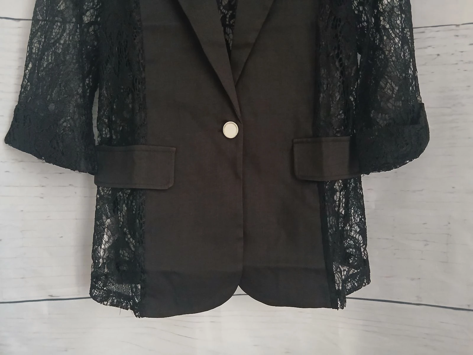 Veste / Blazer preto de dois materiais com renda – photo 3